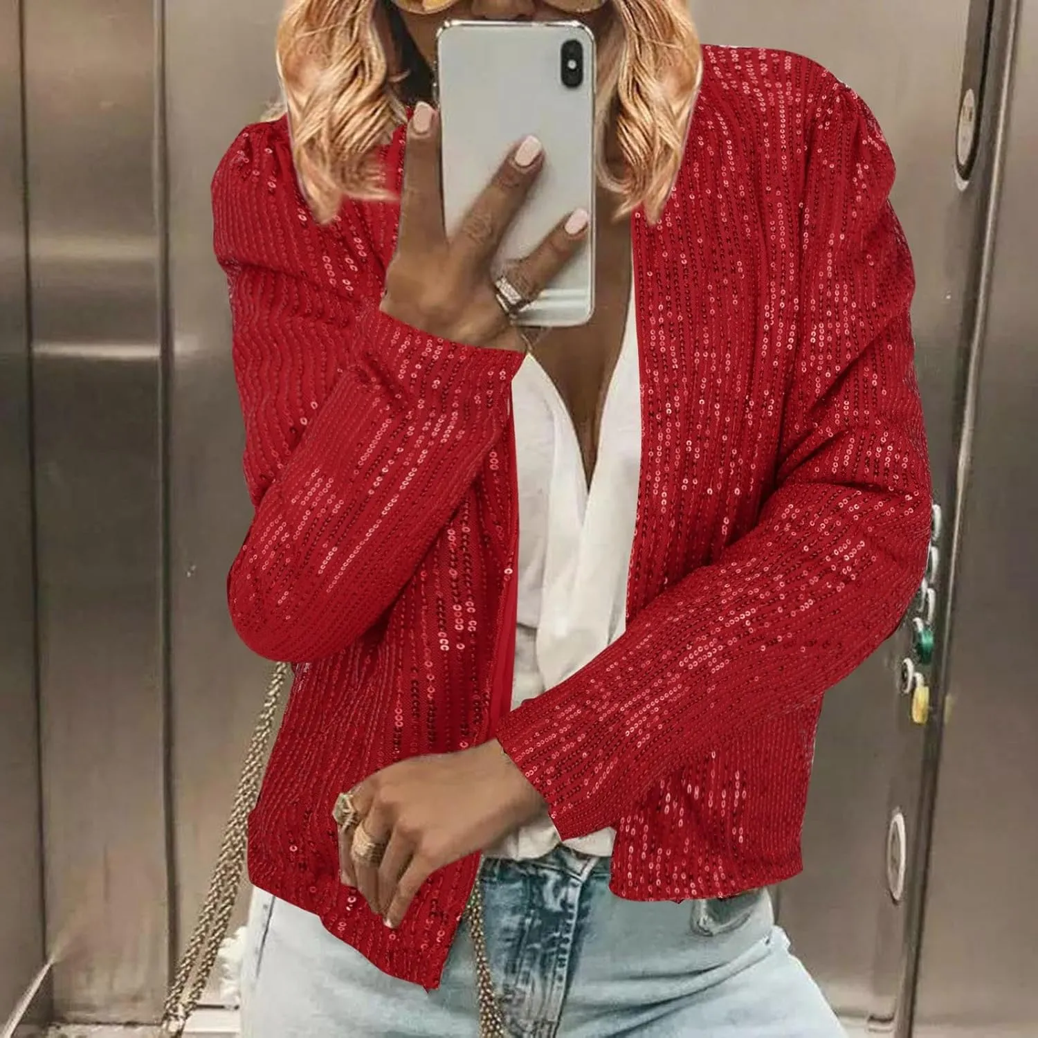 Women Cropped Sequin Jackets Stylish Sparkly Puff Long Sleeve Cardigan Plus Size Slim Glitter Party Open Front Coat