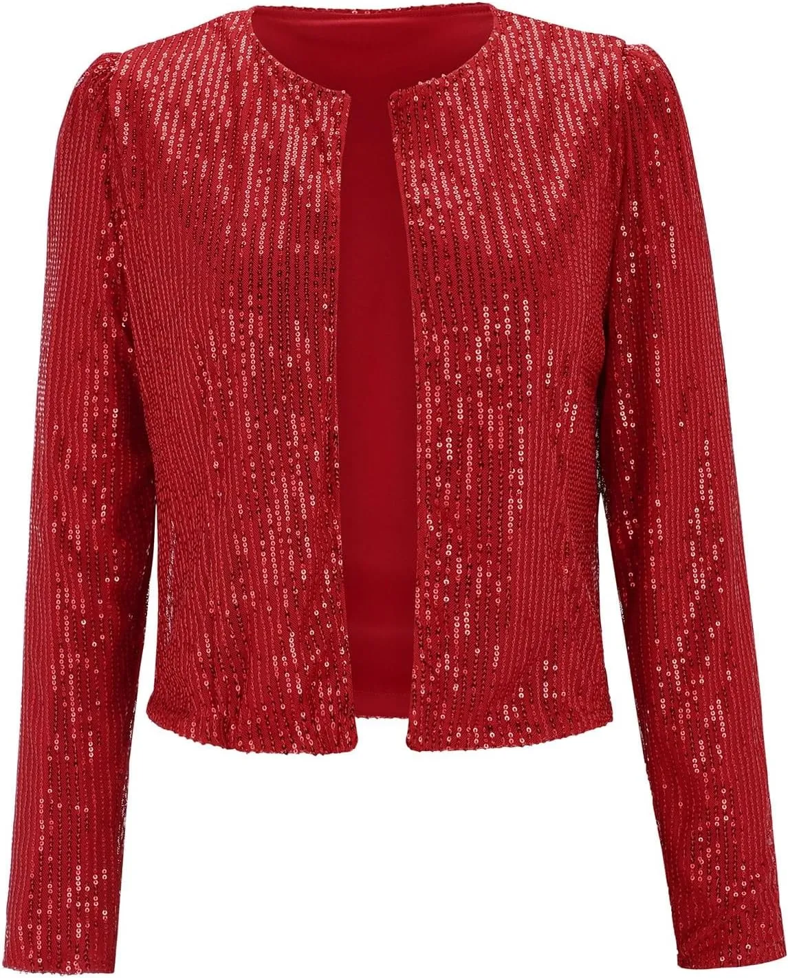 Women Cropped Sequin Jackets Stylish Sparkly Puff Long Sleeve Cardigan Plus Size Slim Glitter Party Open Front Coat