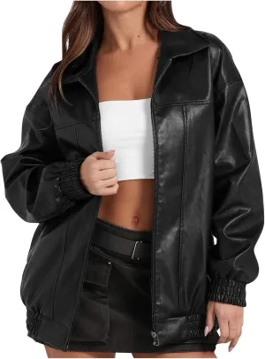 Women Fall Winter Leather Jacket Oversized Boyfriend Faux Leather Coats Zip Up Moto Biker Jacket PU Outerwear Tops