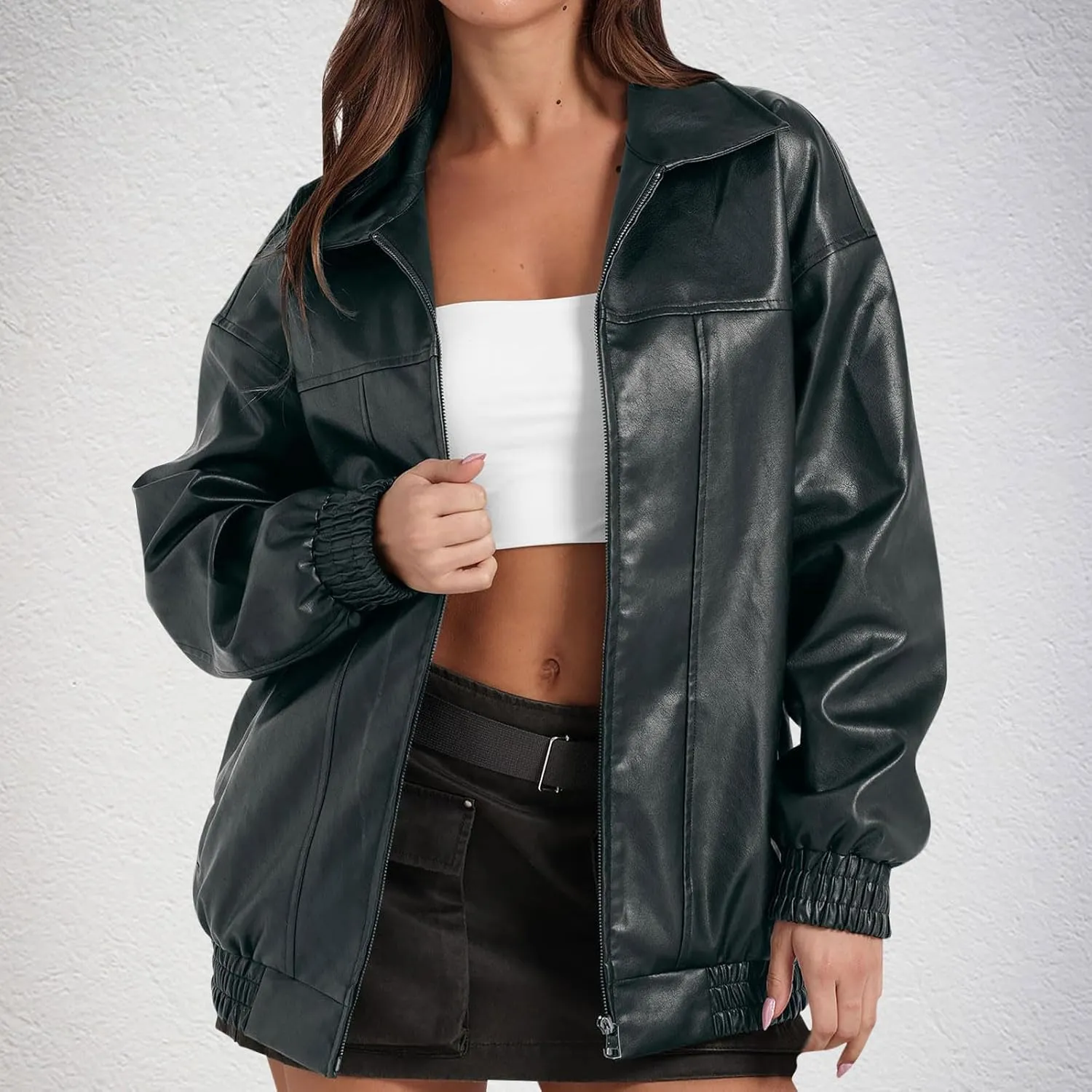 Women Fall Winter Leather Jacket Oversized Boyfriend Faux Leather Coats Zip Up Moto Biker Jacket PU Outerwear Tops