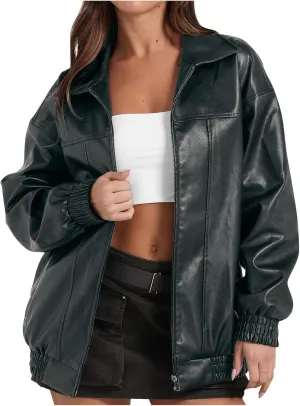 Women Fall Winter Leather Jacket Oversized Boyfriend Faux Leather Coats Zip Up Moto Biker Jacket PU Outerwear Tops