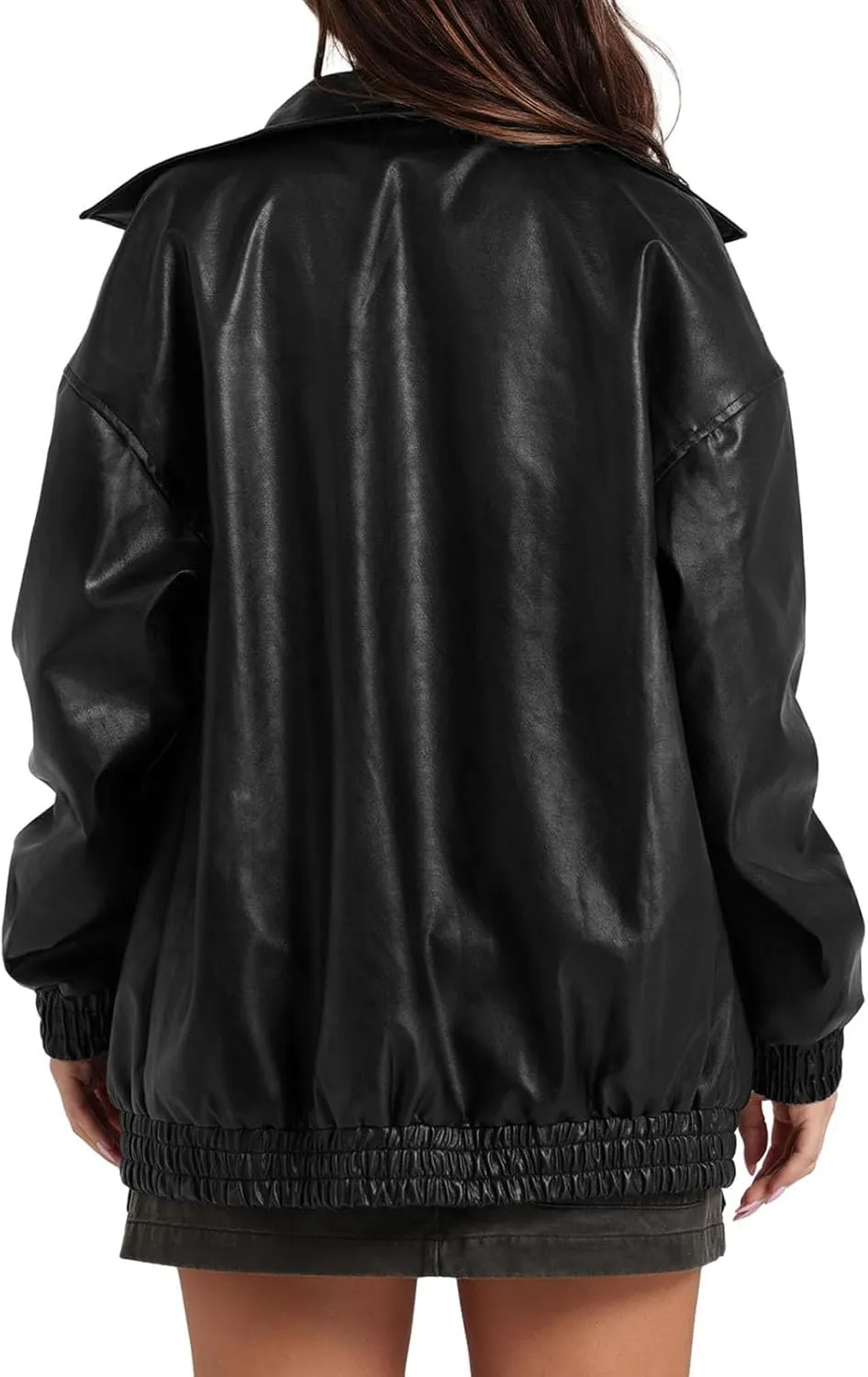 Women Fall Winter Leather Jacket Oversized Boyfriend Faux Leather Coats Zip Up Moto Biker Jacket PU Outerwear Tops