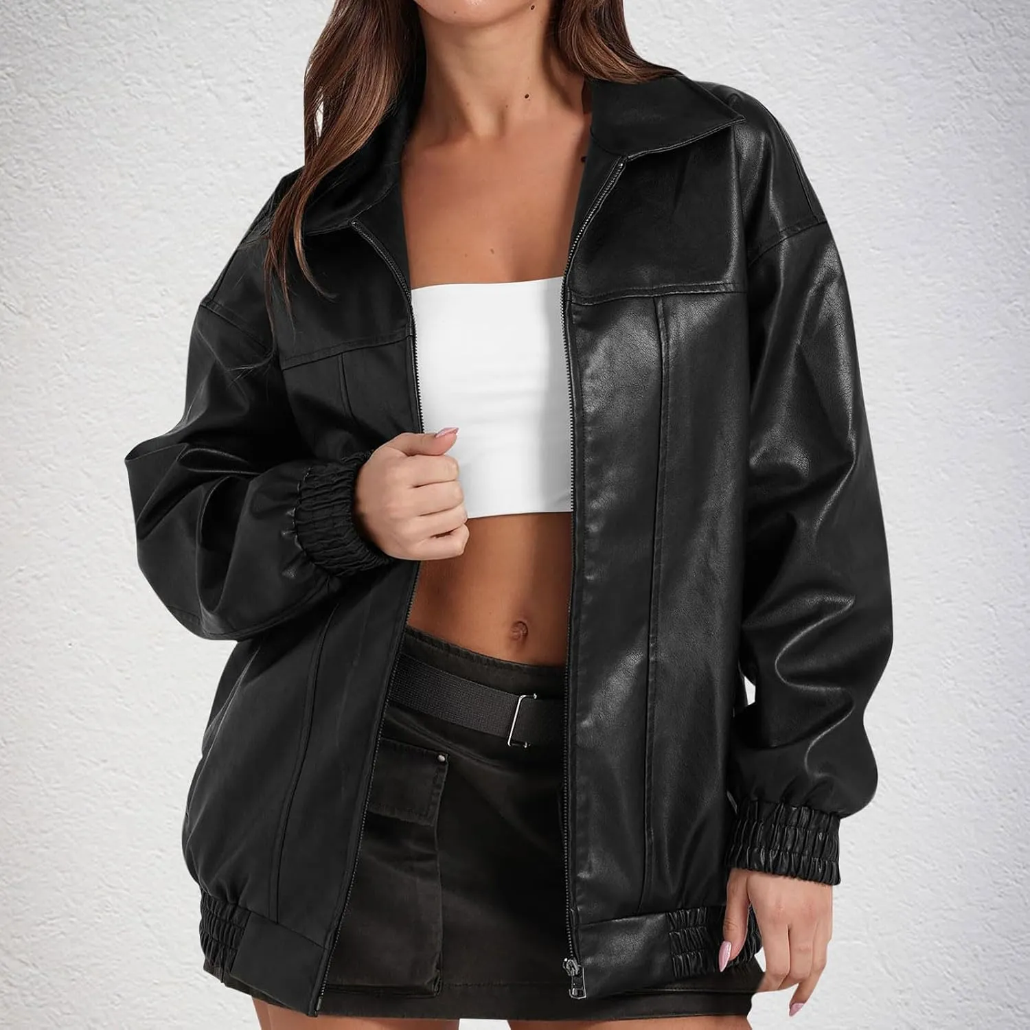 Women Fall Winter Leather Jacket Oversized Boyfriend Faux Leather Coats Zip Up Moto Biker Jacket PU Outerwear Tops