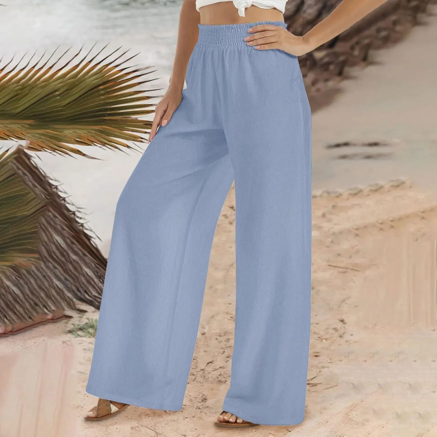 Women Linen Palazzo Pants Summer Boho Wide Leg Casual Pants Elastic Smocked Waist Lounge Pant Trousers with Pockets
