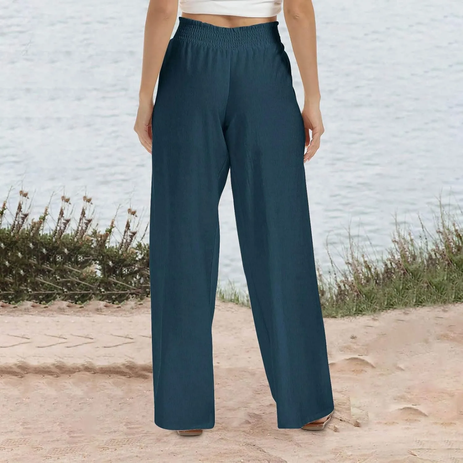 Women Linen Palazzo Pants Summer Boho Wide Leg Casual Pants Elastic Smocked Waist Lounge Pant Trousers with Pockets