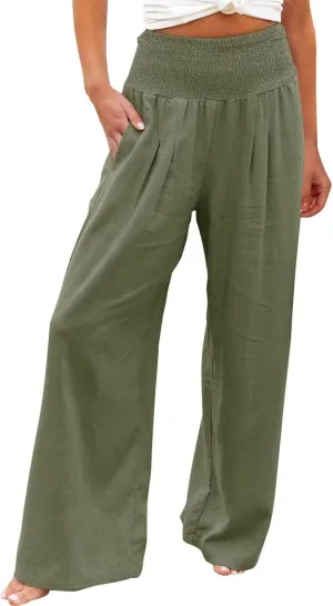 Women Linen Palazzo Pants Summer Boho Wide Leg Casual Pants Elastic Smocked Waist Lounge Pant Trousers with Pockets