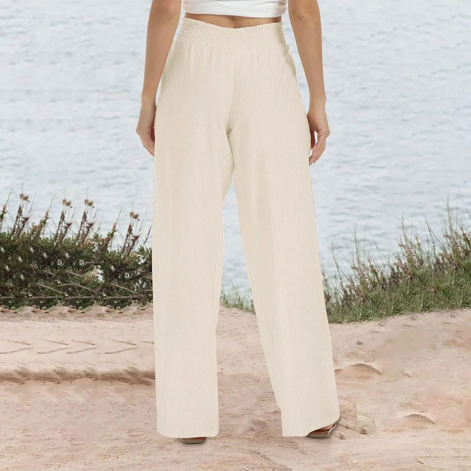Women Linen Palazzo Pants Summer Boho Wide Leg Casual Pants Elastic Smocked Waist Lounge Pant Trousers with Pockets