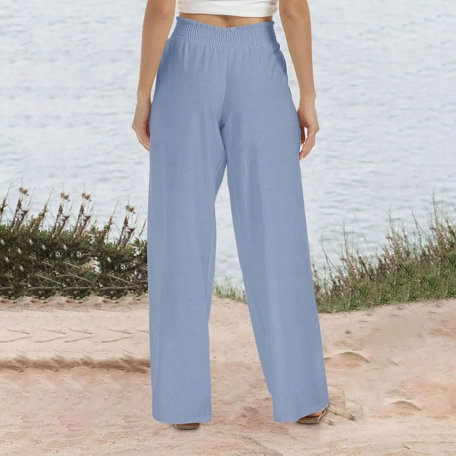 Women Linen Palazzo Pants Summer Boho Wide Leg Casual Pants Elastic Smocked Waist Lounge Pant Trousers with Pockets