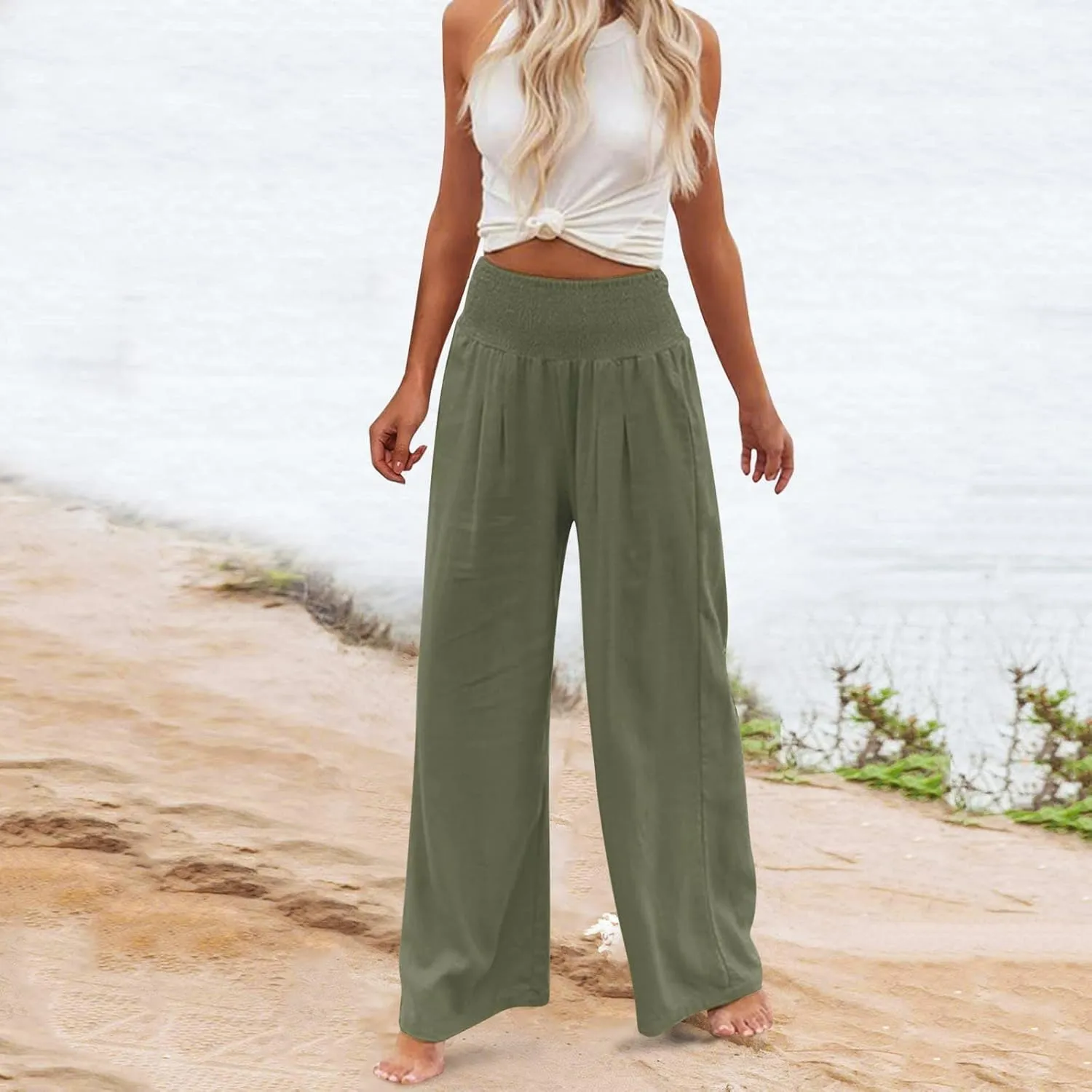Women Linen Palazzo Pants Summer Boho Wide Leg Casual Pants Elastic Smocked Waist Lounge Pant Trousers with Pockets