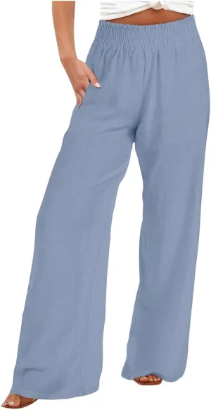 Women Linen Palazzo Pants Summer Boho Wide Leg Casual Pants Elastic Smocked Waist Lounge Pant Trousers with Pockets
