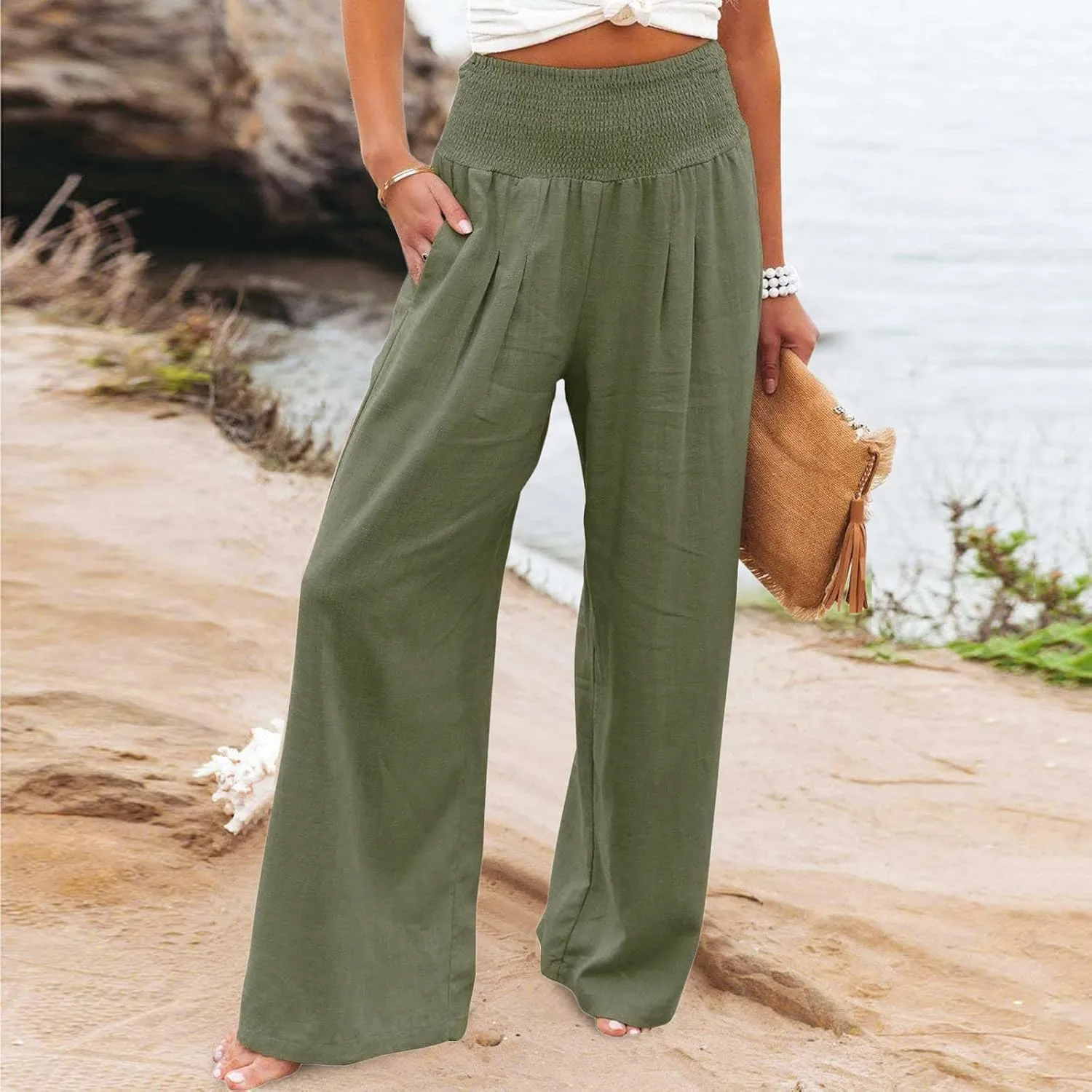 Women Linen Palazzo Pants Summer Boho Wide Leg Casual Pants Elastic Smocked Waist Lounge Pant Trousers with Pockets