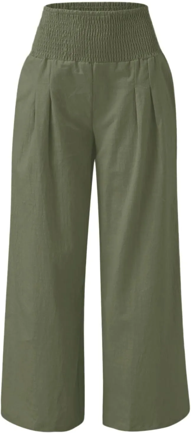 Women Linen Palazzo Pants Summer Boho Wide Leg Casual Pants Elastic Smocked Waist Lounge Pant Trousers with Pockets