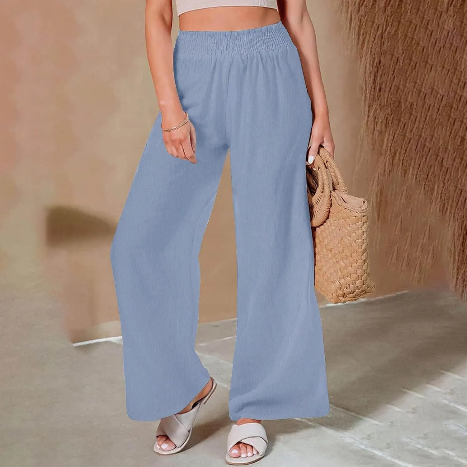 Women Linen Palazzo Pants Summer Boho Wide Leg Casual Pants Elastic Smocked Waist Lounge Pant Trousers with Pockets