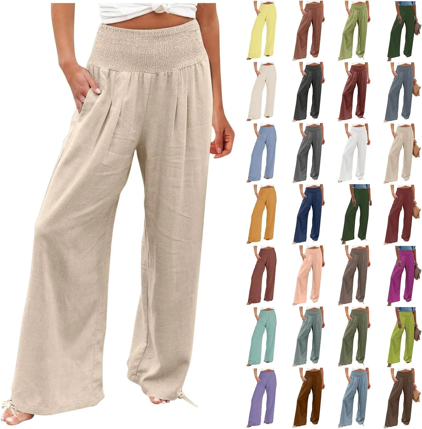 Women Linen Palazzo Pants Summer Boho Wide Leg Casual Pants Elastic Smocked Waist Lounge Pant Trousers with Pockets