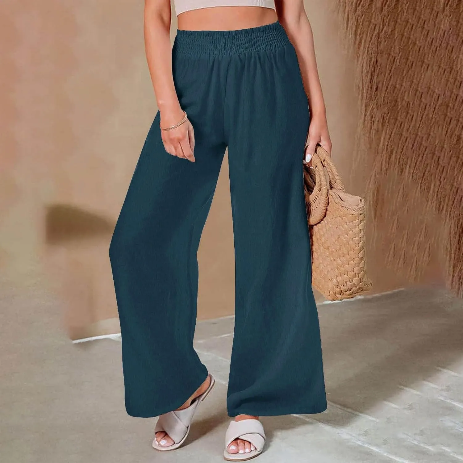 Women Linen Palazzo Pants Summer Boho Wide Leg Casual Pants Elastic Smocked Waist Lounge Pant Trousers with Pockets