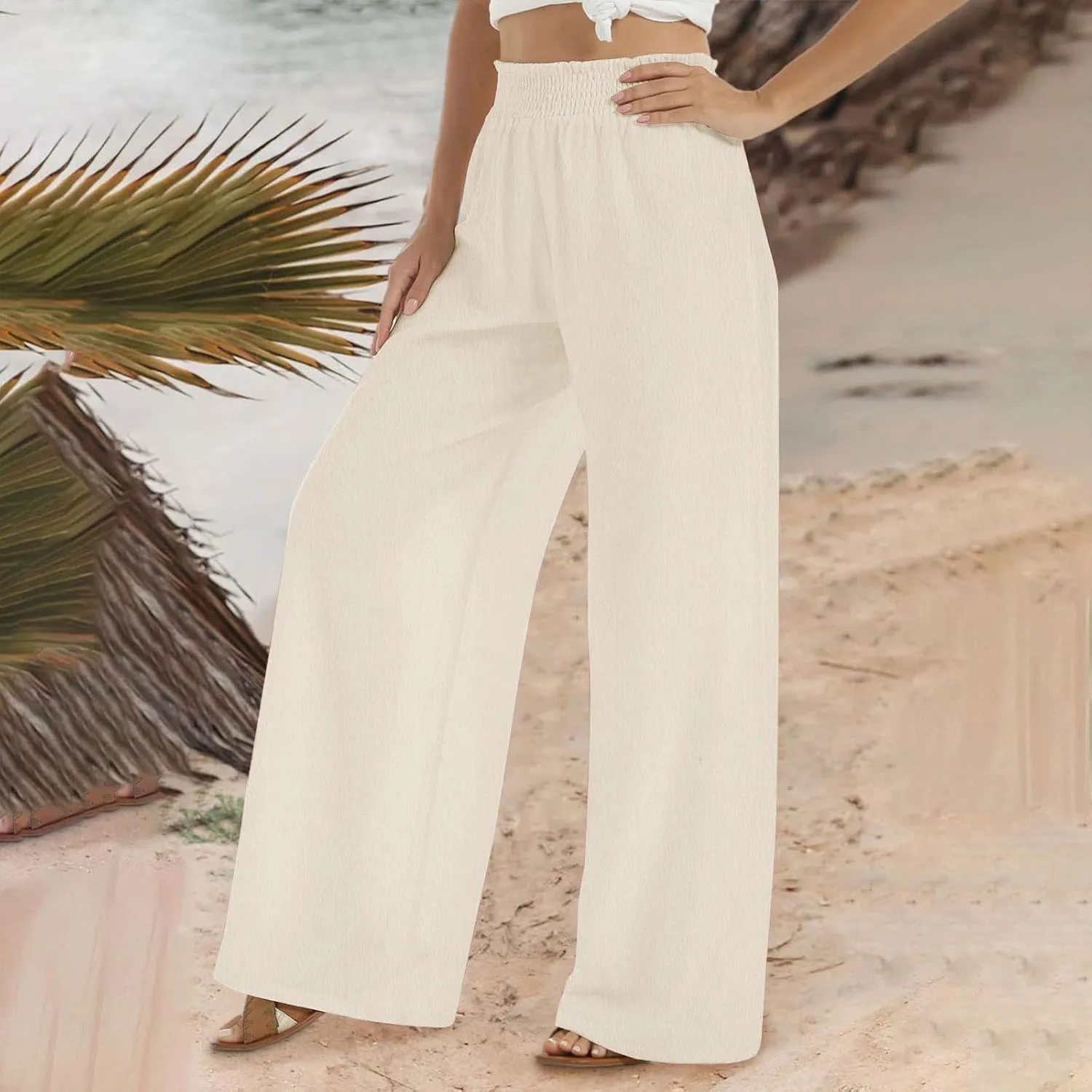 Women Linen Palazzo Pants Summer Boho Wide Leg Casual Pants Elastic Smocked Waist Lounge Pant Trousers with Pockets