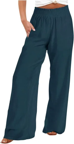 Women Linen Palazzo Pants Summer Boho Wide Leg Casual Pants Elastic Smocked Waist Lounge Pant Trousers with Pockets