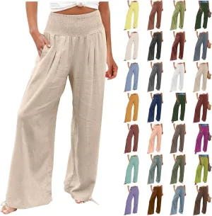 Women Linen Palazzo Pants Summer Boho Wide Leg Casual Pants Elastic Smocked Waist Lounge Pant Trousers with Pockets