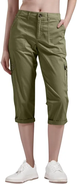 Women Linen Shorts Summer Casual Comfy Lightweight Cargo Capris High Waisted Bermuda Shorts Pants with Pockets