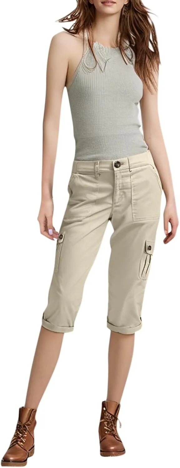 Women Linen Shorts Summer Casual Comfy Lightweight Cargo Capris High Waisted Bermuda Shorts Pants with Pockets