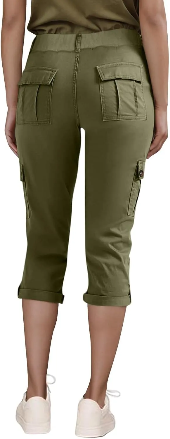 Women Linen Shorts Summer Casual Comfy Lightweight Cargo Capris High Waisted Bermuda Shorts Pants with Pockets