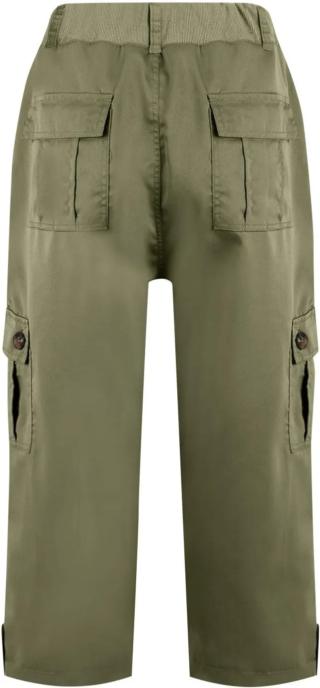 Women Linen Shorts Summer Casual Comfy Lightweight Cargo Capris High Waisted Bermuda Shorts Pants with Pockets