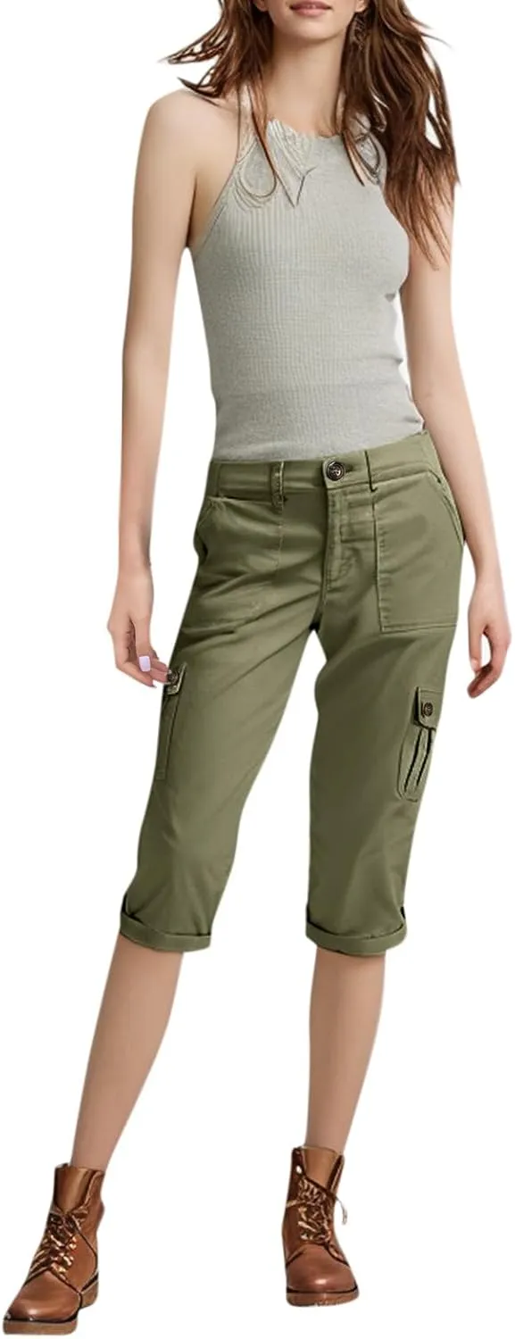 Women Linen Shorts Summer Casual Comfy Lightweight Cargo Capris High Waisted Bermuda Shorts Pants with Pockets