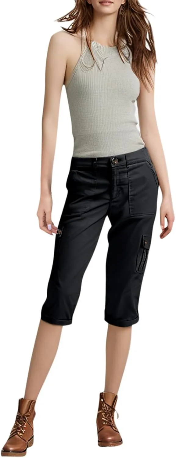 Women Linen Shorts Summer Casual Comfy Lightweight Cargo Capris High Waisted Bermuda Shorts Pants with Pockets