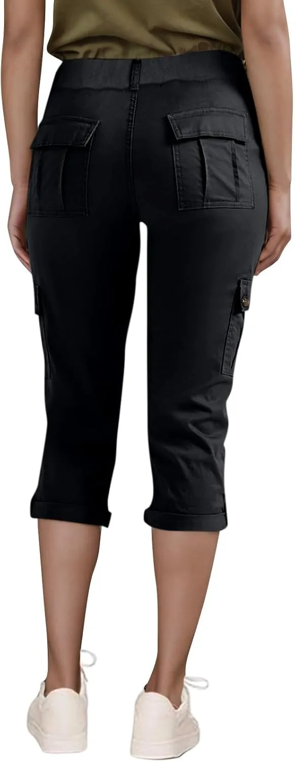 Women Linen Shorts Summer Casual Comfy Lightweight Cargo Capris High Waisted Bermuda Shorts Pants with Pockets