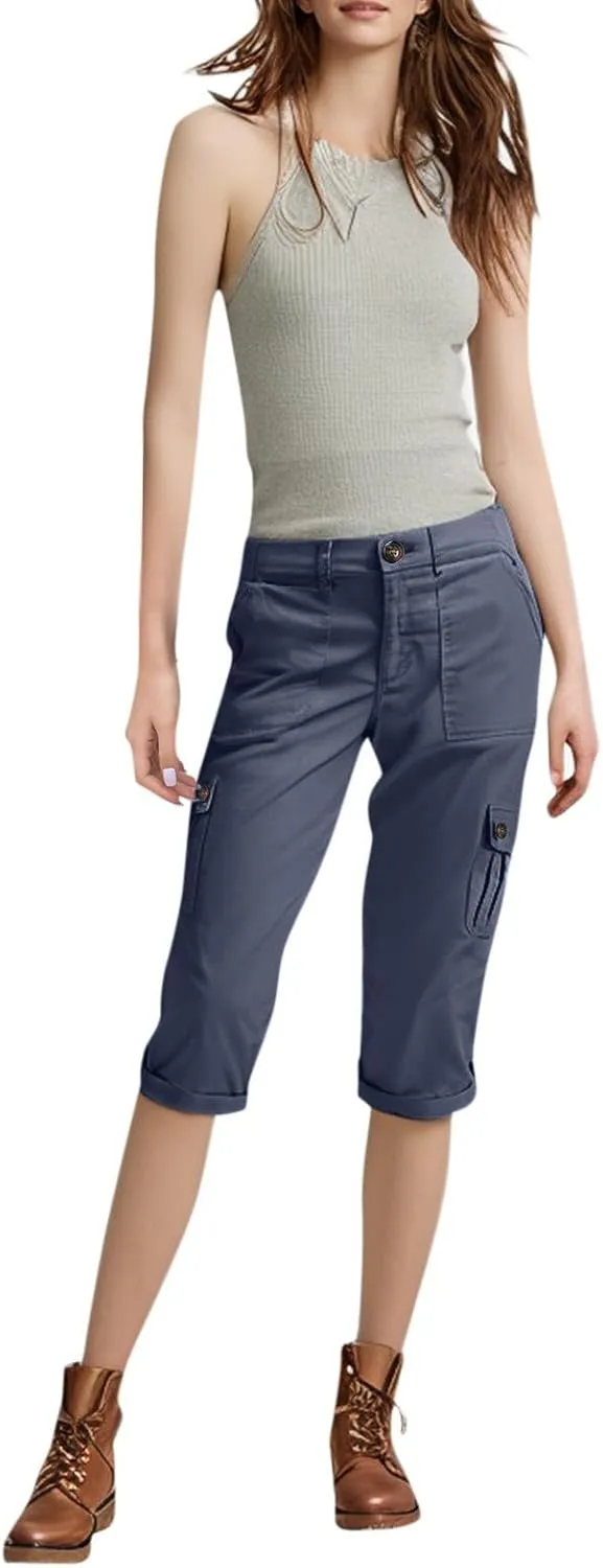 Women Linen Shorts Summer Casual Comfy Lightweight Cargo Capris High Waisted Bermuda Shorts Pants with Pockets