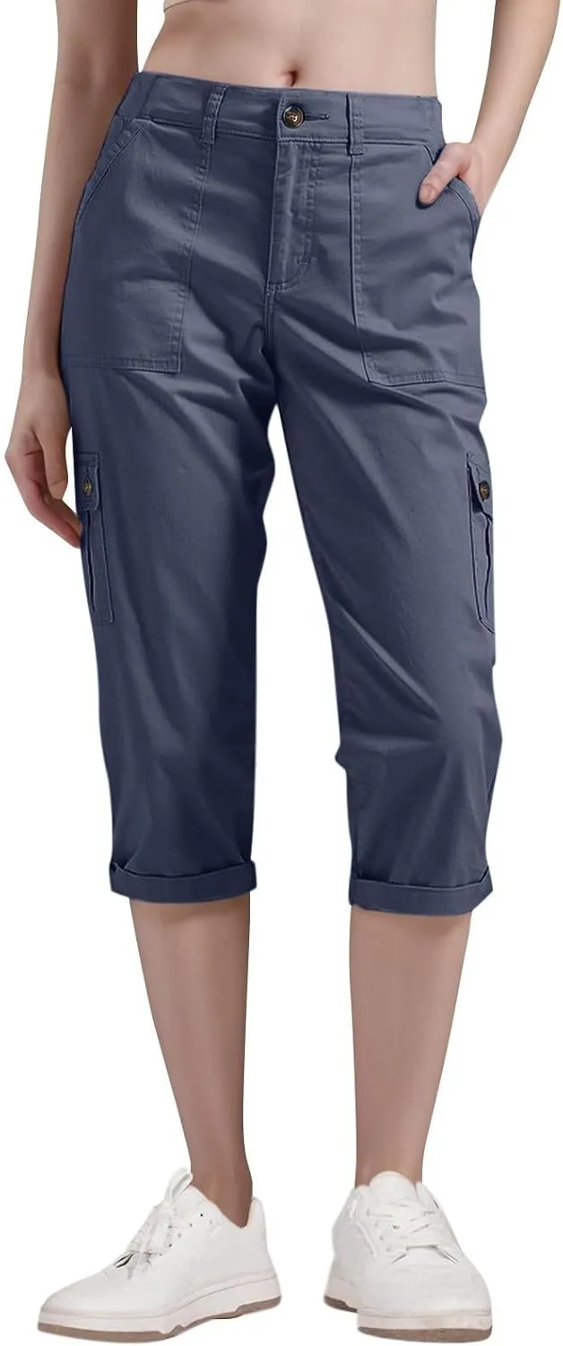 Women Linen Shorts Summer Casual Comfy Lightweight Cargo Capris High Waisted Bermuda Shorts Pants with Pockets