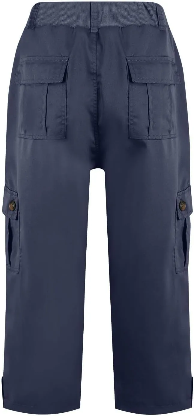 Women Linen Shorts Summer Casual Comfy Lightweight Cargo Capris High Waisted Bermuda Shorts Pants with Pockets