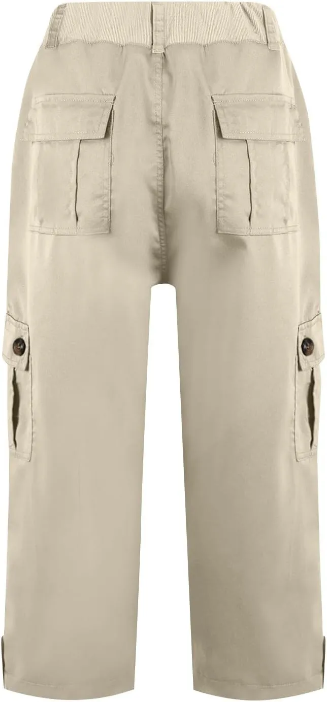 Women Linen Shorts Summer Casual Comfy Lightweight Cargo Capris High Waisted Bermuda Shorts Pants with Pockets