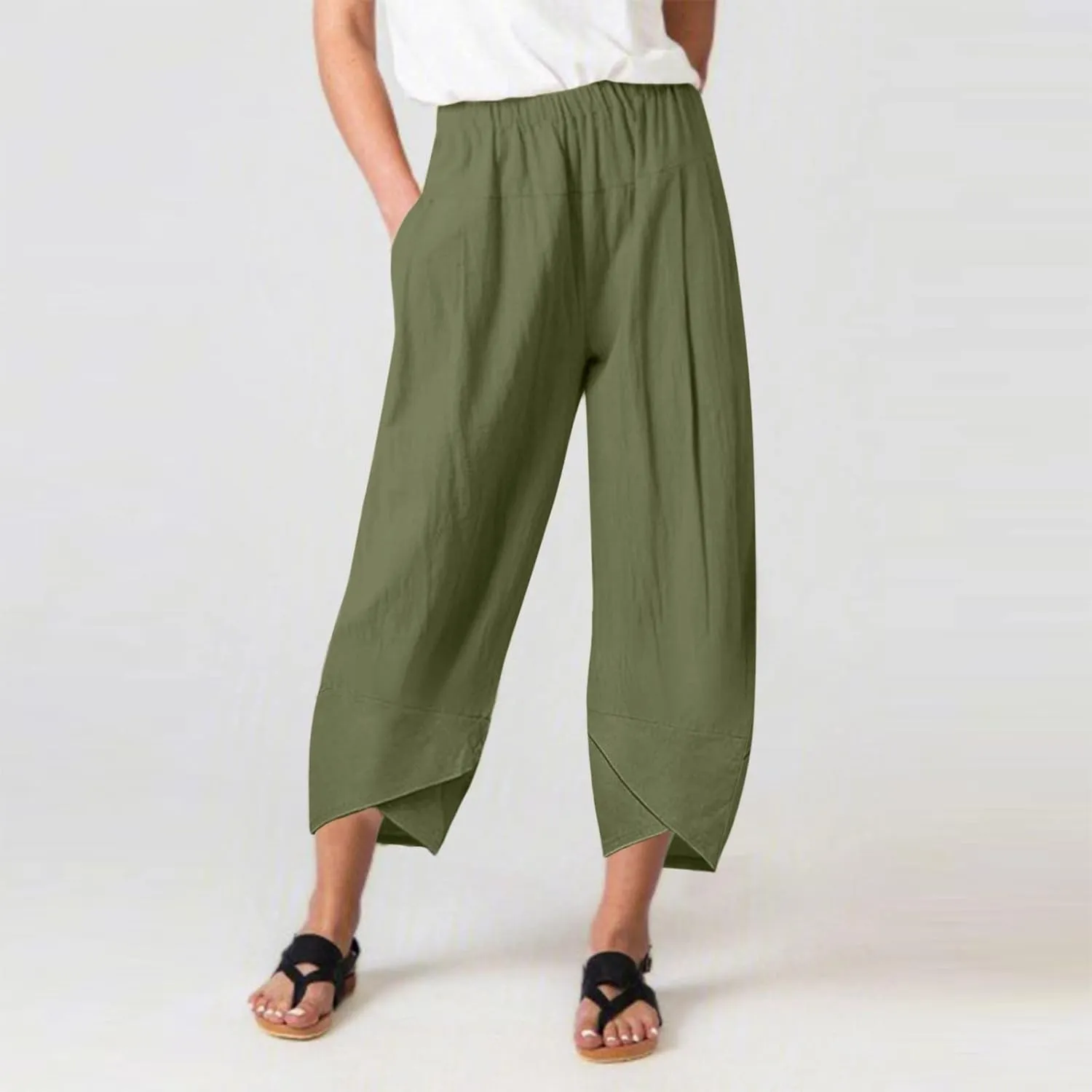 Women Linen Summer Baggy Palazzo Lounge Pants Low Waist Baggy Stretchy Plus Size Trousers Trendy