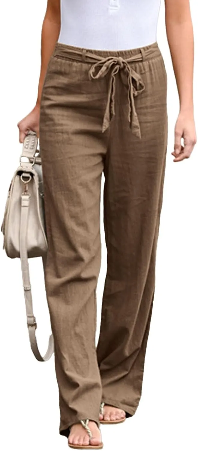 Women Linen Summer Baggy Palazzo Lounge Pants Low Waist Baggy Stretchy Plus Size Trousers Trendy