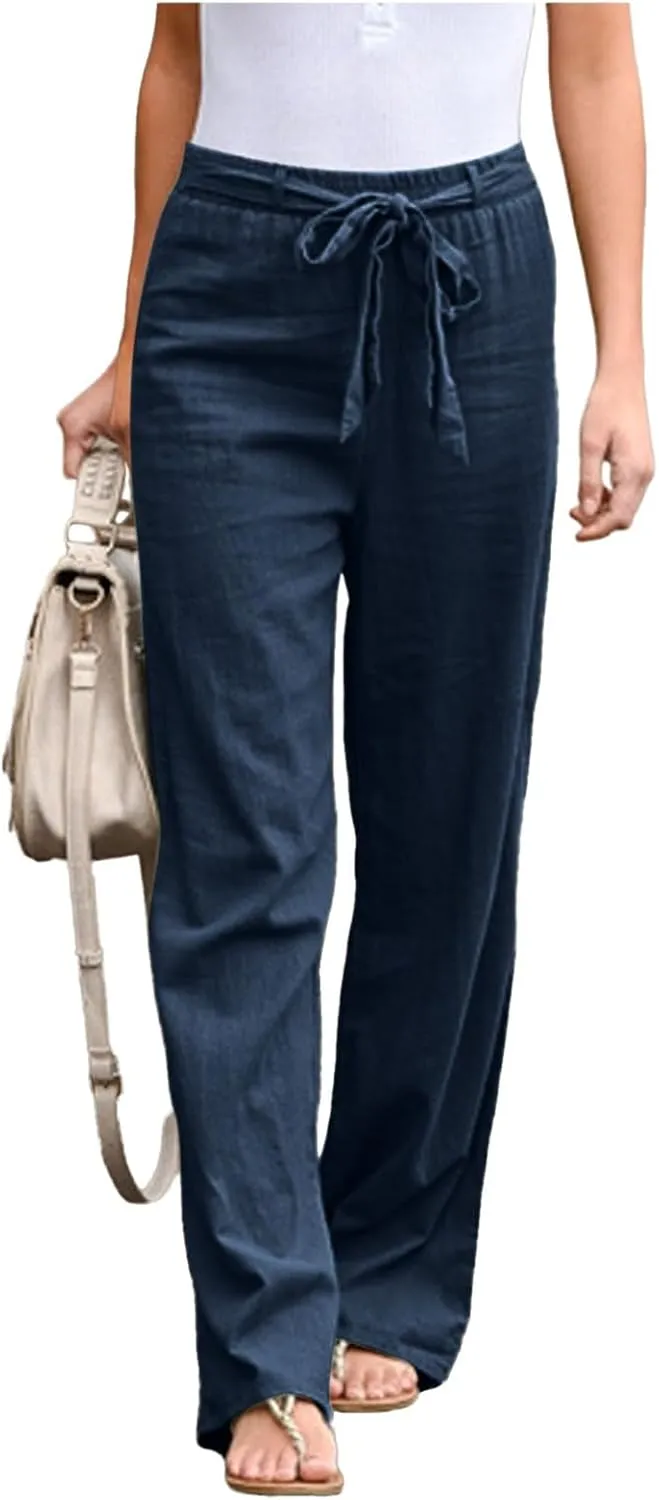 Women Linen Summer Baggy Palazzo Lounge Pants Low Waist Baggy Stretchy Plus Size Trousers Trendy