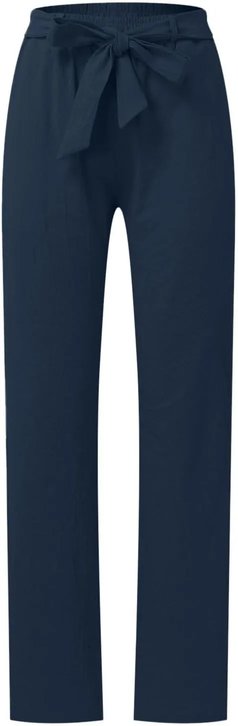Women Linen Summer Baggy Palazzo Lounge Pants Low Waist Baggy Stretchy Plus Size Trousers Trendy