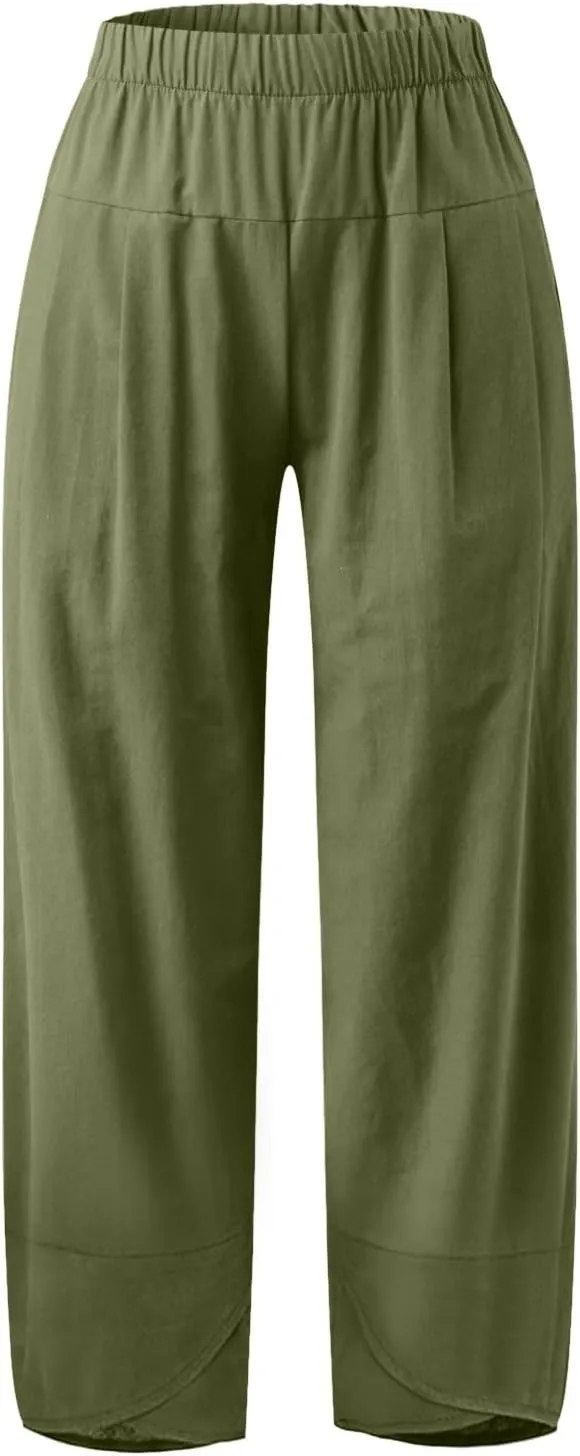 Women Linen Summer Baggy Palazzo Lounge Pants Low Waist Baggy Stretchy Plus Size Trousers Trendy