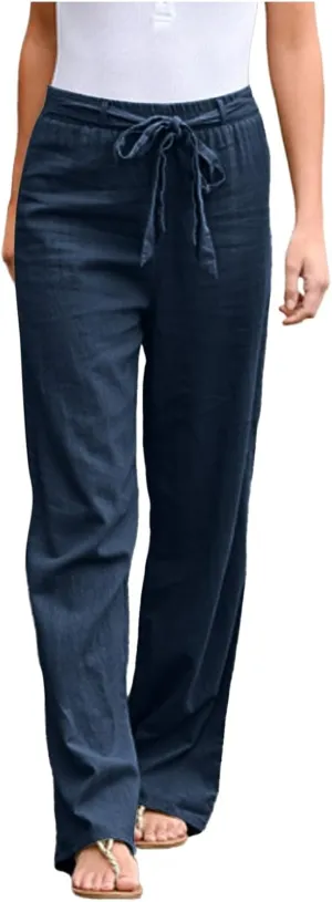 Women Linen Summer Baggy Palazzo Lounge Pants Low Waist Baggy Stretchy Plus Size Trousers Trendy