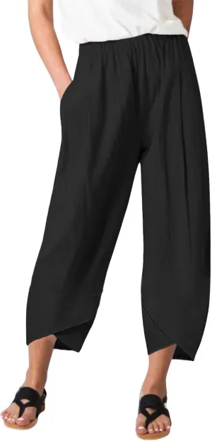 Women Linen Summer Baggy Palazzo Lounge Pants Low Waist Baggy Stretchy Plus Size Trousers Trendy
