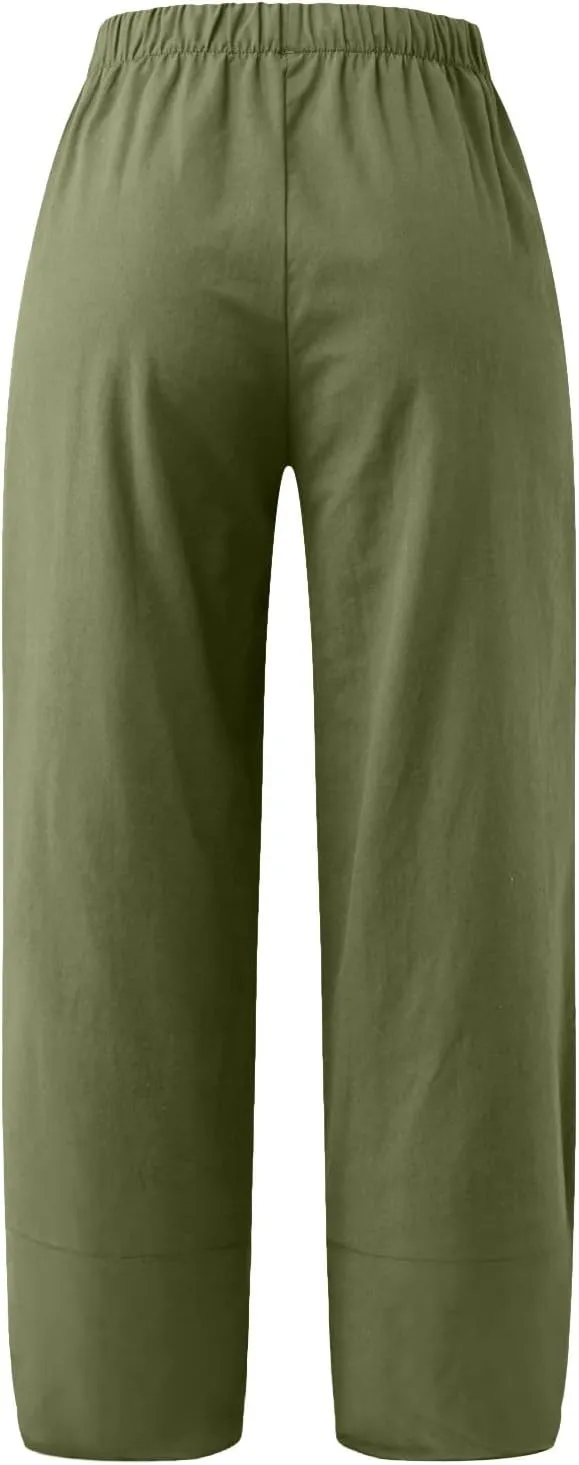 Women Linen Summer Baggy Palazzo Lounge Pants Low Waist Baggy Stretchy Plus Size Trousers Trendy
