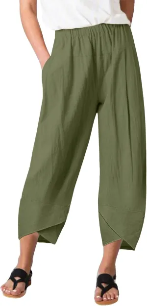 Women Linen Summer Baggy Palazzo Lounge Pants Low Waist Baggy Stretchy Plus Size Trousers Trendy