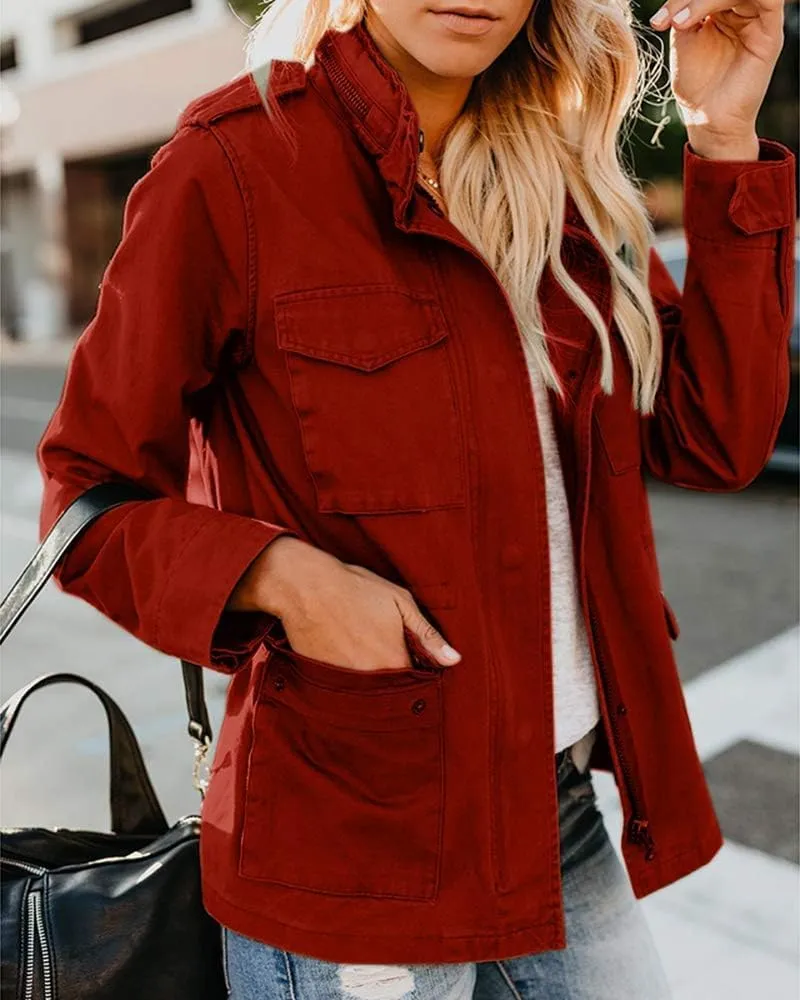 Women Military Anorak Jackets Snap Buttons Parka Safari Utility Coats Zip Up Outwear with Pocket