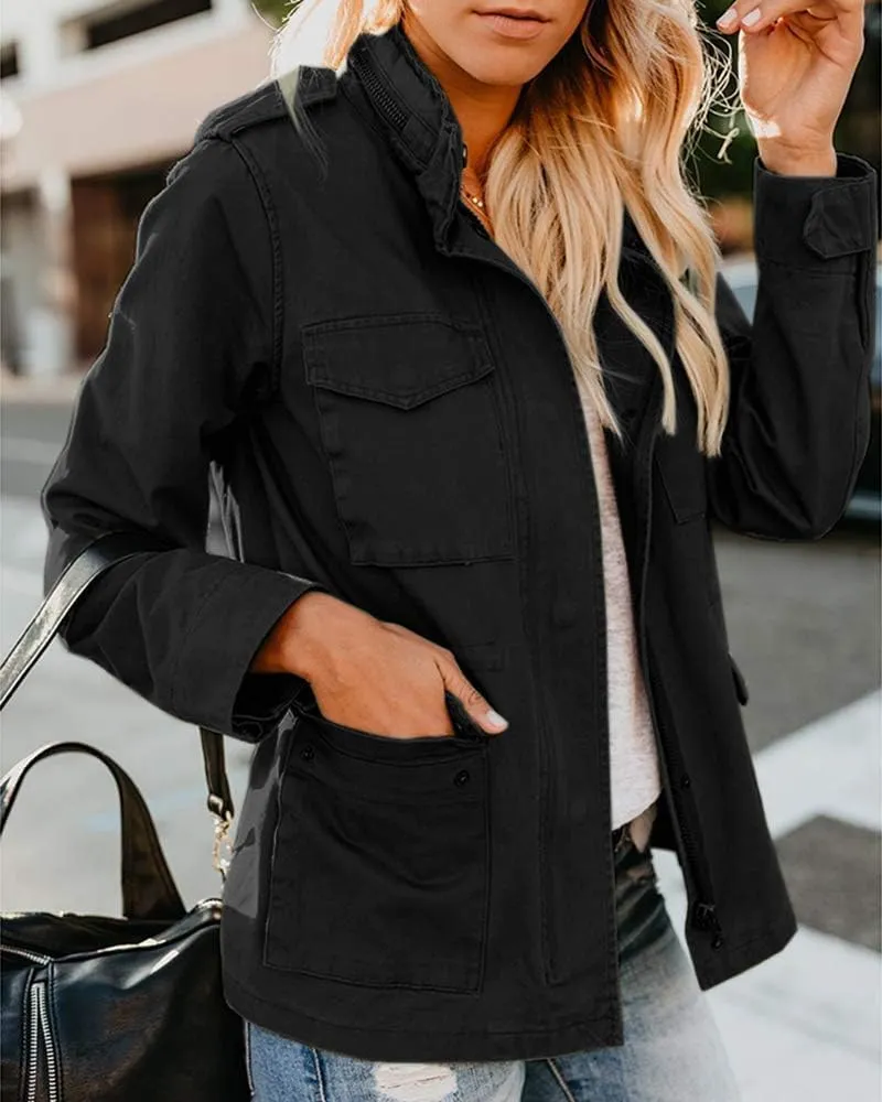 Women Military Anorak Jackets Snap Buttons Parka Safari Utility Coats Zip Up Outwear with Pocket