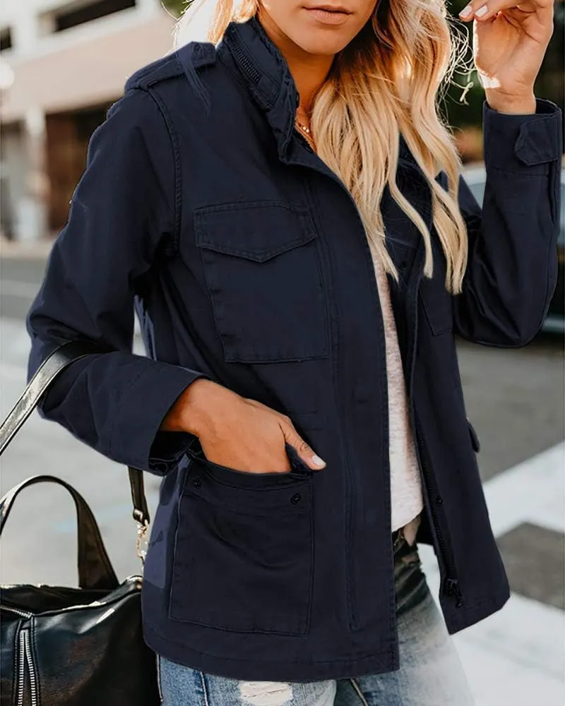 Women Military Anorak Jackets Snap Buttons Parka Safari Utility Coats Zip Up Outwear with Pocket