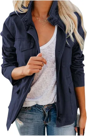 Women Military Anorak Jackets Snap Buttons Parka Safari Utility Coats Zip Up Outwear with Pocket