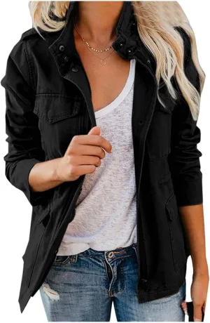 Women Military Anorak Jackets Snap Buttons Parka Safari Utility Coats Zip Up Outwear with Pocket