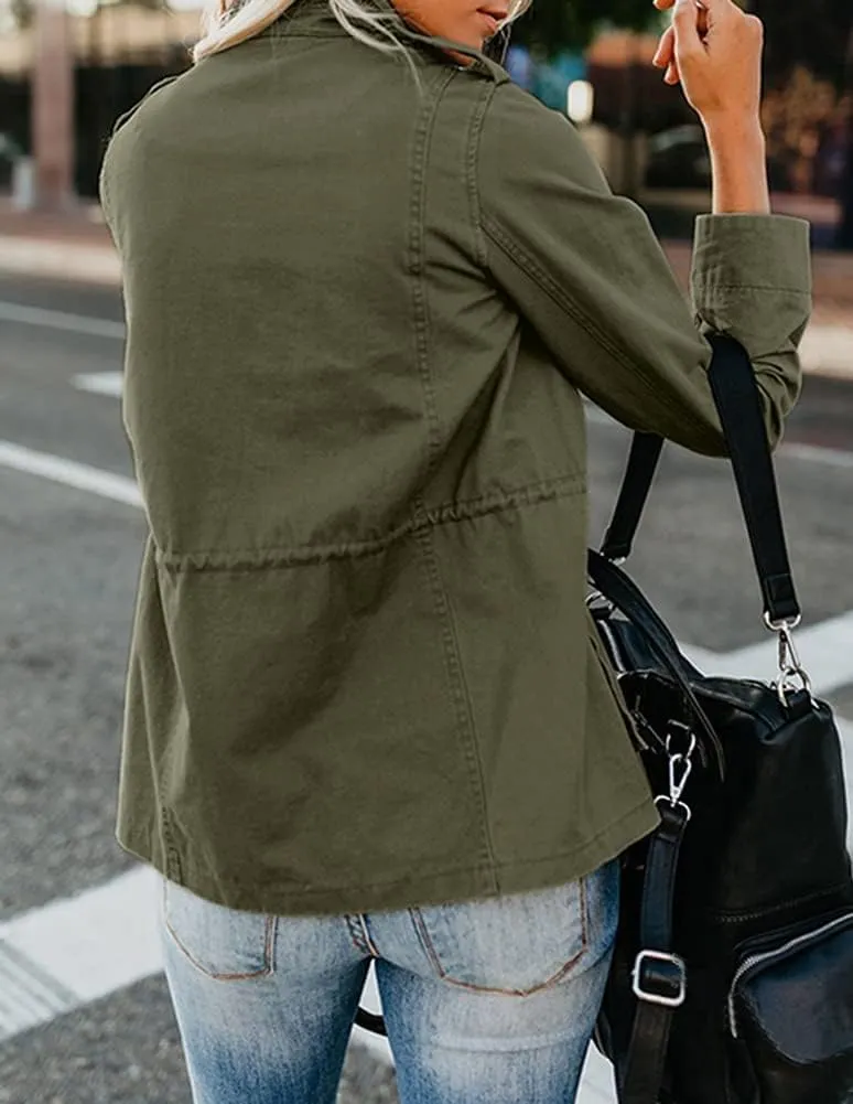 Women Military Anorak Jackets Snap Buttons Parka Safari Utility Coats Zip Up Outwear with Pocket