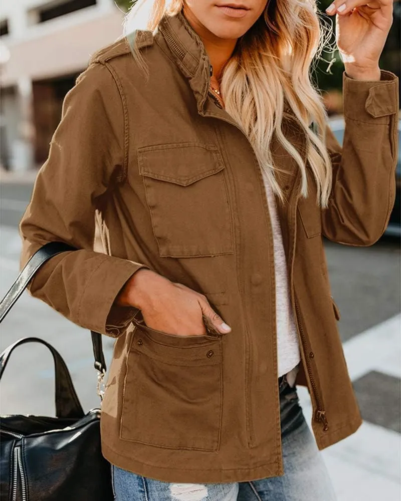 Women Military Anorak Jackets Snap Buttons Parka Safari Utility Coats Zip Up Outwear with Pocket