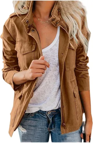 Women Military Anorak Jackets Snap Buttons Parka Safari Utility Coats Zip Up Outwear with Pocket